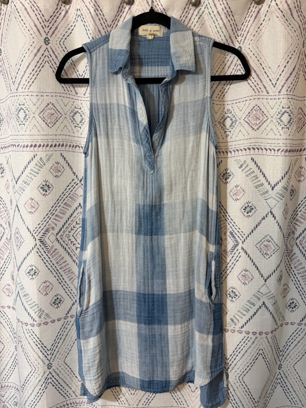 cloth & stone Light Blue Plaid Sleeveless Tunic
